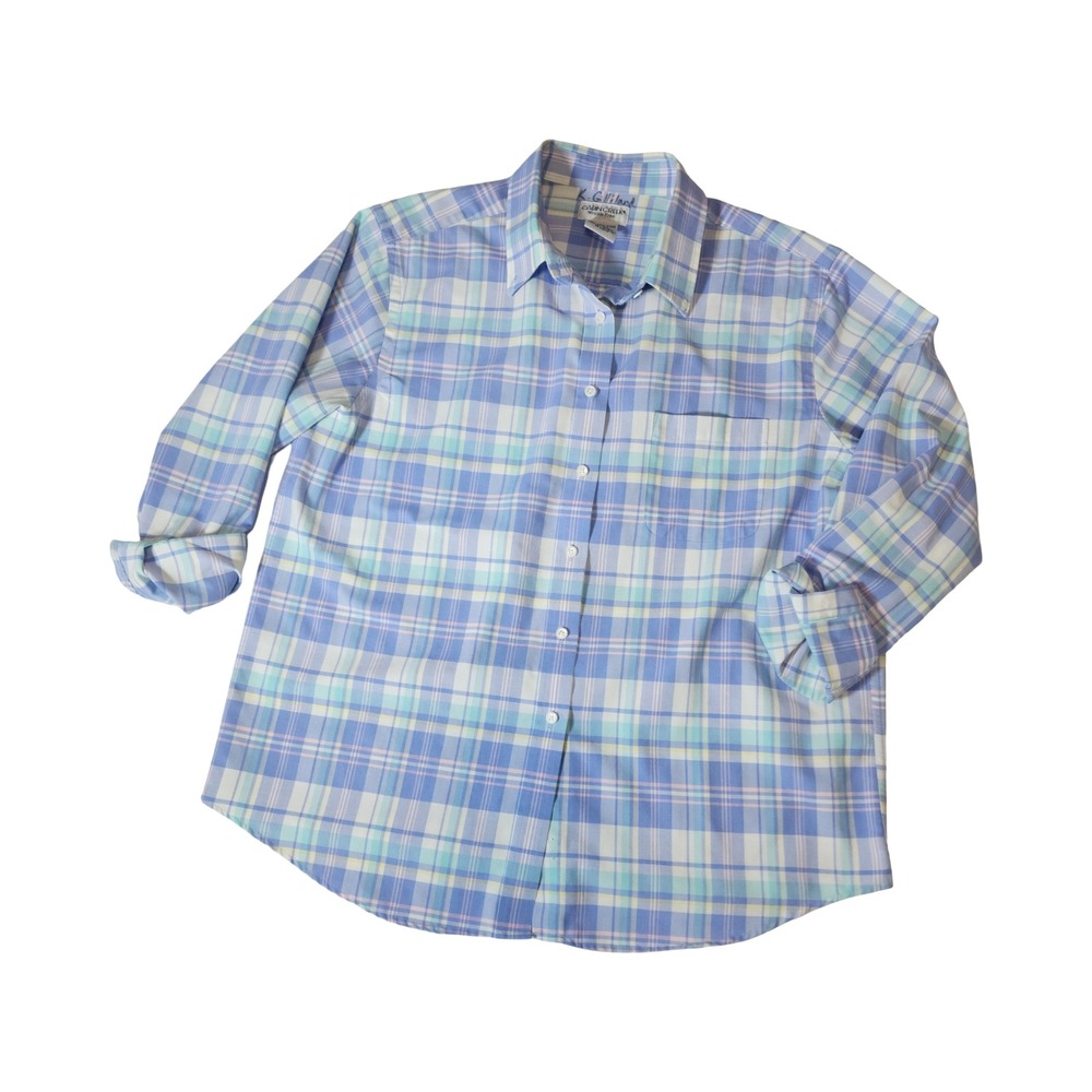 Cabin Creek Womens Pastel Plaid Button Down Shirt Size 16 Blue Green